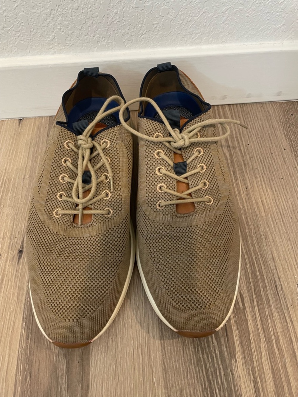 Vince Camuto Men's Knit Lace-Up Sneakers in Khaki Brown with Navy Accents